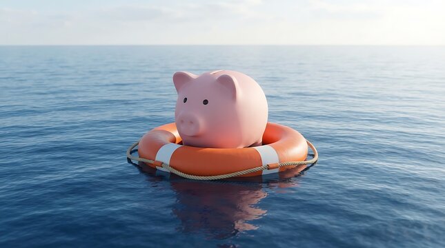 Piggy bank in a life buoy floating in the ocean 3d render concept of financial rescue and saving money