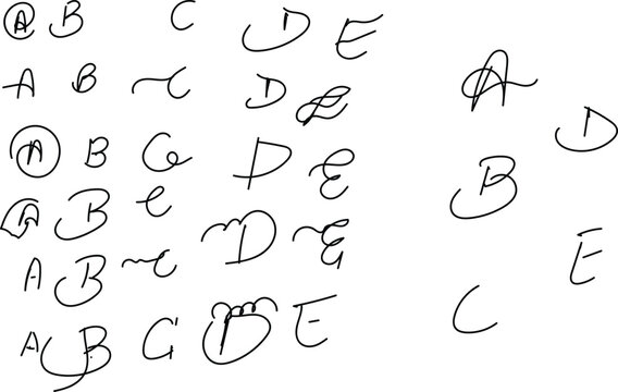 Alphabet letters handwriting exercise displays multiple variations of handwritten letters abcde in a casual learner notebook style.