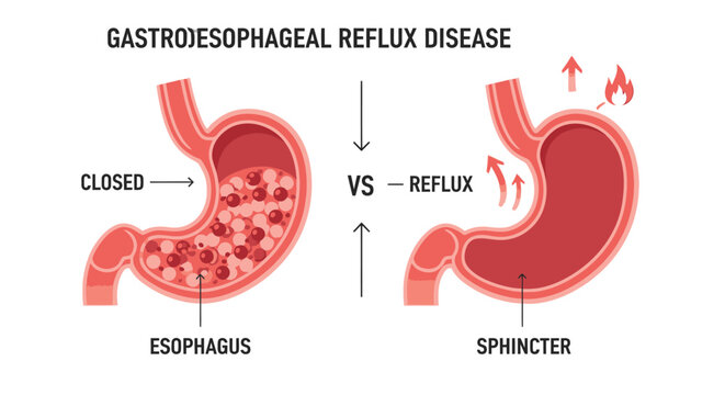 Gastroesophageal reflux disease diagram showing stomach esophagus sphincter comparison normal versus acid reflux heartburn heartburn burning sensation stomach acid up esophagitis symptom.