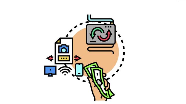 Hand holding currency while digital assets and information, processed through a system with arrows indicating flow, are exchanged across multiple devices