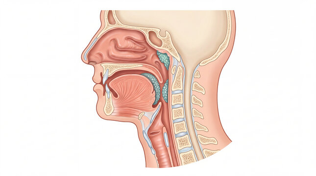 Head anatomy sagittal cross section diagram showing nasal cavity, oral tract, larynx, pharynx, tongue, and cervical spine isolated on white for medical education and healthcare study
