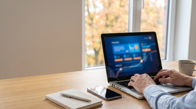 Person Hands Typing on Laptop Analyzing Cybersecurity Dashboard Metrics in Modern Workspace