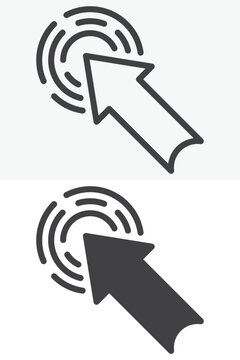 Click arrow icon set with cursor pointer and tap waves. Line outline and solid icon in different style, editable stroke vector sign and symbol for interaction.