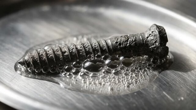 corroded magnesium alloy bone screw generating violent fizzing bubbles from its heavily pitted metallic surface