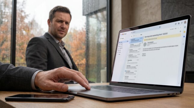 Suspicious Businessman Looking Cautiously at Laptop Screen with Email Phishing Threat