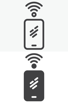 Smartphone WiFi connection icon set with mobile device and wireless signal. Line outline and solid icon in different style, editable stroke vector sign and symbol.