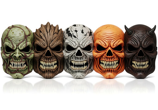 Five stylized horror skull masks in a row