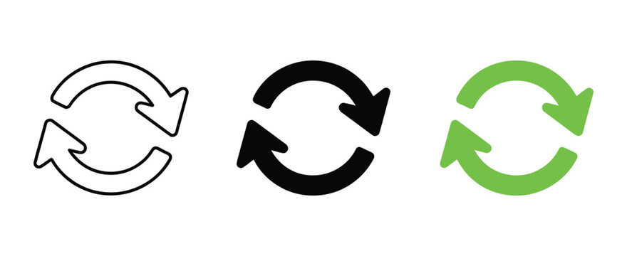 Reload icon illustrating a refresh symbol with circular arrows for updating content, syncing data, restarting systems, and digital applications