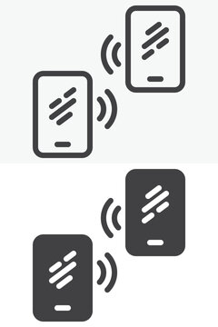 Mobile wireless sync icon set with two smartphones and transfer waves. Line outline and solid icon in different style, editable stroke vector sign and symbol.