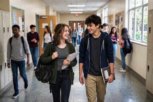 Two teenagers walk side by side in a school hallway. They smile and talk while holding their school supplies. Other students walk past them during a busy school day