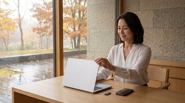 Asian Businesswoman Opening Laptop at Wooden Desk with Hardware Security Key and Autumn View