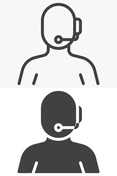 Call center operator icon set with person, headset and microphone. Line outline and solid icon in different style, editable stroke vector sign and symbol.
