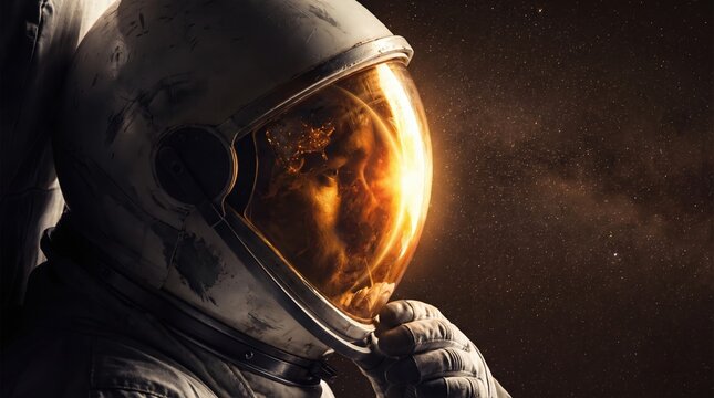 Astronaut helmet reflecting earth and glowing starlight in deep outer space