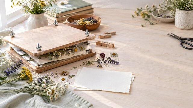 Botanical pressing kit with dried wildflowers, paper sheets and clips