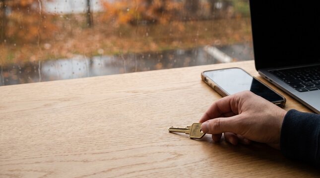 Person Hand Reaching for Brass Key at Desk Near Rainy Window