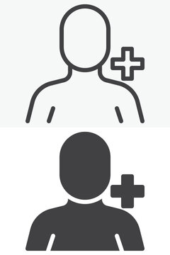 Add user icon set with person profile and plus sign. Line outline and solid icon in different style, editable stroke vector sign and symbol for account actions.