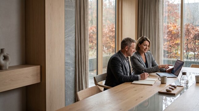 Two Corporate Executives Reviewing Cybersecurity Protocol and Compliance Reports on Laptop