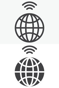 Global wireless internet icon set with globe and WiFi signal. Line outline and solid icon in different style, editable stroke vector sign and symbol for connection.