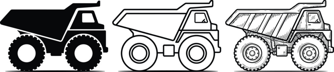 Set of three dump truck icons in solid and outline graphic styles with icon set © Sujon