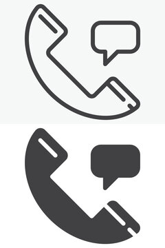 Phone chat icon set with handset and speech bubble. Line outline and solid icon in different style, editable stroke vector sign and symbol for calling and messaging.