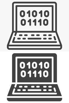 Computer binary code icon set with laptop screen and digits. Line outline and solid icon in different style, editable stroke vector sign and symbol for programming.
