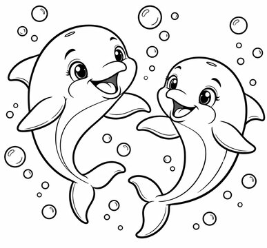 Two cute happy dolphins swimming with bubbles