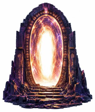 Glowing magical stone portal with cosmic energy isolated on white background