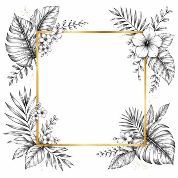 Square golden frame with hand drawn black ink botanical leaves and flowers