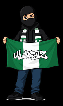 A funny man hold ultras flag logo mascot ultras hooligans vector illustration 