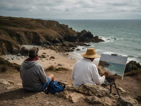 Plein air artist painting coastal landscape, senior man watching painter on rocky cliff, creative hobby by the sea