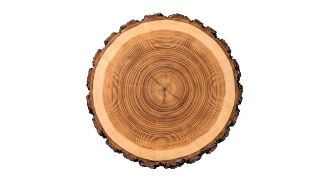 Rustic wood slice with tree rings on white background. Natural timber cross section with bark. Round wooden board for rustic decor.