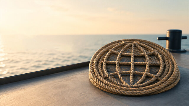 Ship rope coiled in shape of globe on ship deck. Calm sea and bollard at sunset in background. Maritime transport and World Maritime Day celebration concept.