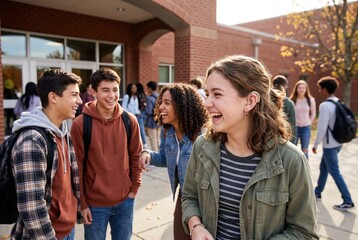 Obraz premium A group of teenagers is laughing and talking together outside their school. The sun is shining, and other students can be seen walking in the background. It is daytime and a busy school day