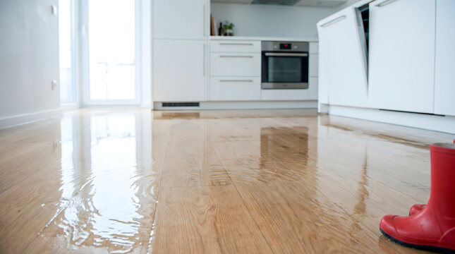 Red rubber boot standing on a flooded wooden kitchen floor with water damage in a modern home