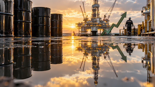 Crude oil barrels beside an offshore drilling platform at sunset with reflections on wet ground and an upward arrow graph illustrating rising petroleum prices and energy market growth