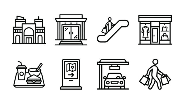 Commercial Icon Set: A collection of modern, minimalist line art icons depicting various elements of a shopping mall, including retail stores, an escalator, a food court, a map directory, a car park.