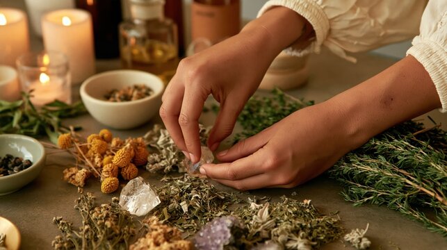Hands arranging dried herbs and crystals for spiritual practice