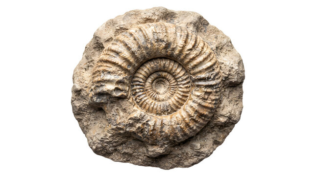 Ancient ammonite fossil illustration, prehistoric spiral shell in stone, realistic nautilus fossilized remains for science and education