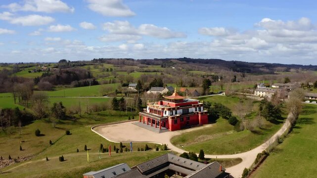 Aerial view of Dhagpo Kundreul Ling Buddhist temple in Auvergne, France