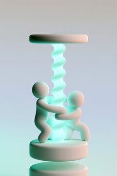 Two abstract human figures connected by glowing spiral column and circular forms