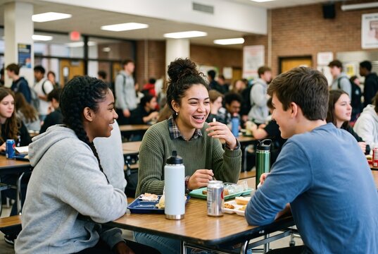 Three teenagers sit at a table in a school cafeteria. They are sharing food and laughing. Other students are in the background eating and chatting