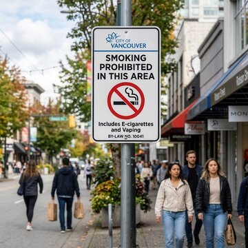 Vancouver Smoking Prohibited Area Signage On City Street With Pedestrians