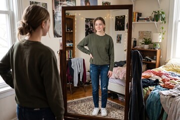 Fototapeta premium A teenager is looking at their reflection in a mirror. They wear a green sweater and jeans. The bedroom is messy with clothes and posters on the walls. It is afternoon