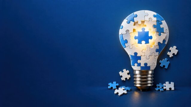 Creative puzzle lightbulb concept represents problem solving and jigsaw puzzle solutions on blue.
