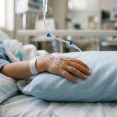 Fototapeta premium Child Patient Receiving Intravenous Therapy In Hospital Bed Close Up