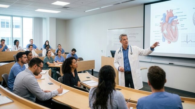 Medical Professor Lecturing Students On Cardiology In A Modern Classroom Setting
