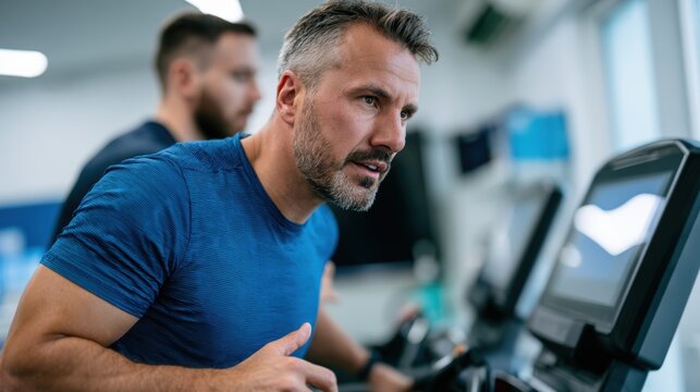 Sports conditioning specialist monitoring athlete on treadmill in laboratory setting