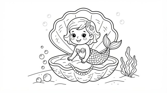 Cute little mermaid sitting inside a large open seashell for coloring book page art