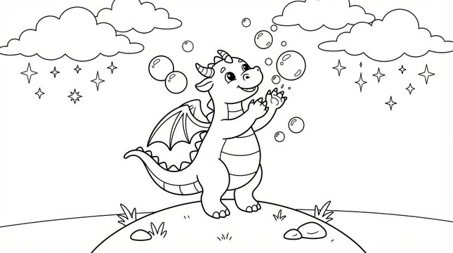 Cute little dragon playing with soap bubbles in a magical sky coloring page for kids