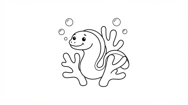 Cute cartoon eel swimming in coral reef for kids coloring page black and white art